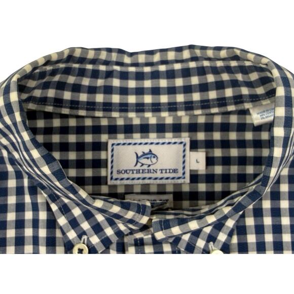 Southern Tide Shirt Navy Blue White Gingham Check Button Down Mens Large - Picture 2 of 10